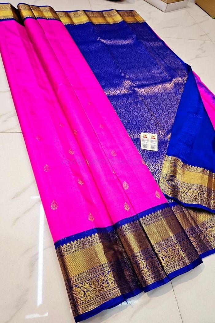 Vibrant Pink Kanjivaram Silk Saree with Royal Blue Pallu and Korvai Border