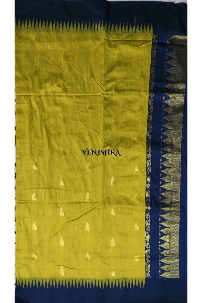 Kalyani Cotton Saree -Olive Green And Dark Blue (Cool Black) - 4
