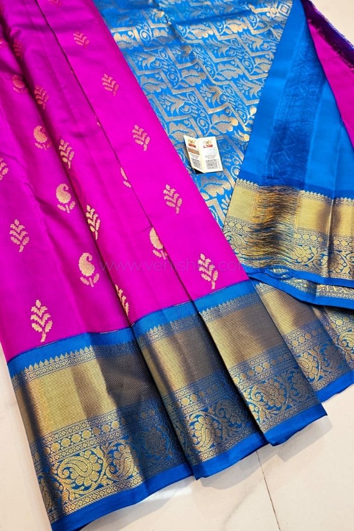 Royal Magenta & Azure Blue Kanjivaram Silk Saree with Gold Zari