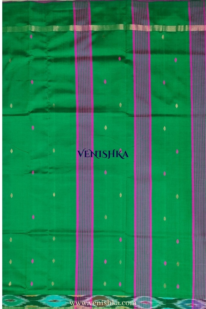 Uppada Silk With Pochampally Border- Pink With Dark Green - 3