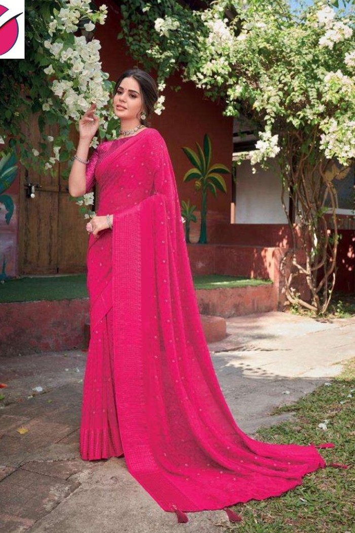 Pure Georgette With Jacquard Border Pink