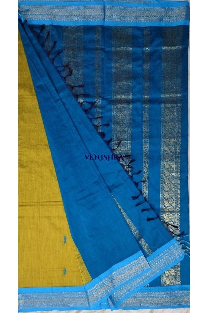 Kalyani Cotton Saree - Olive Green With Blue