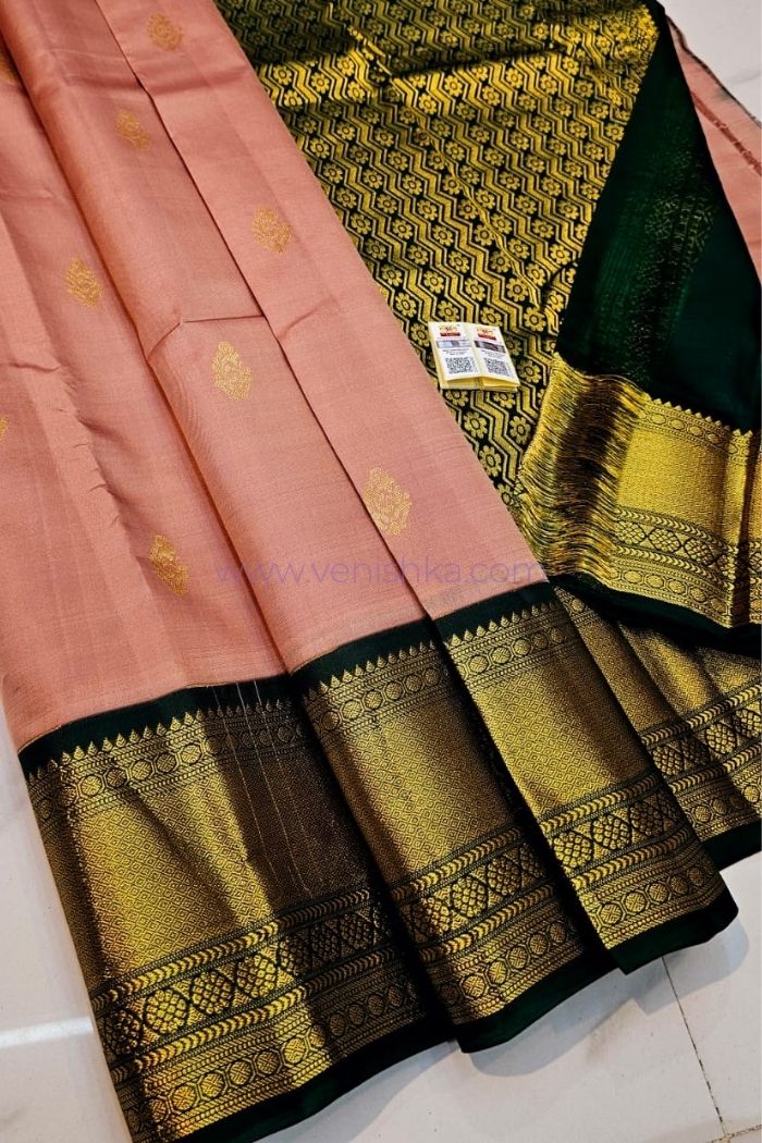 Peach Kanjivaram Silk Saree with Green Pallu and Korvai Border