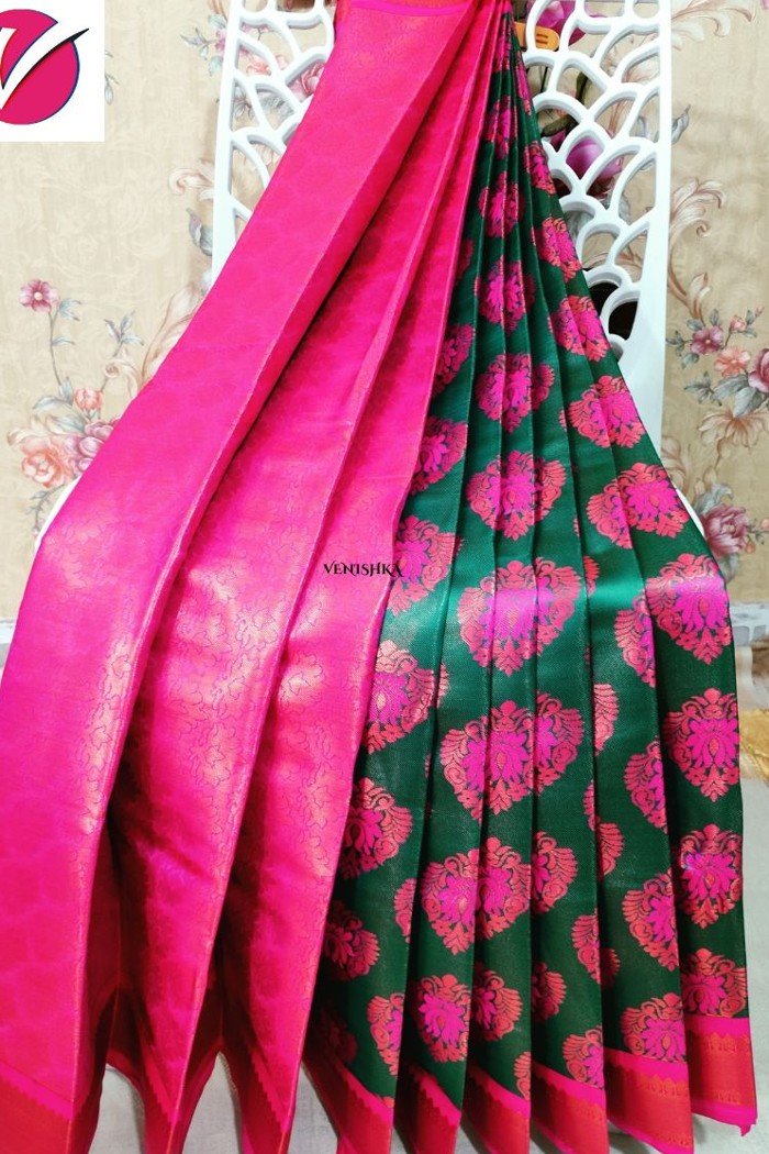 Fancy Silk-Green With Pink Buttas