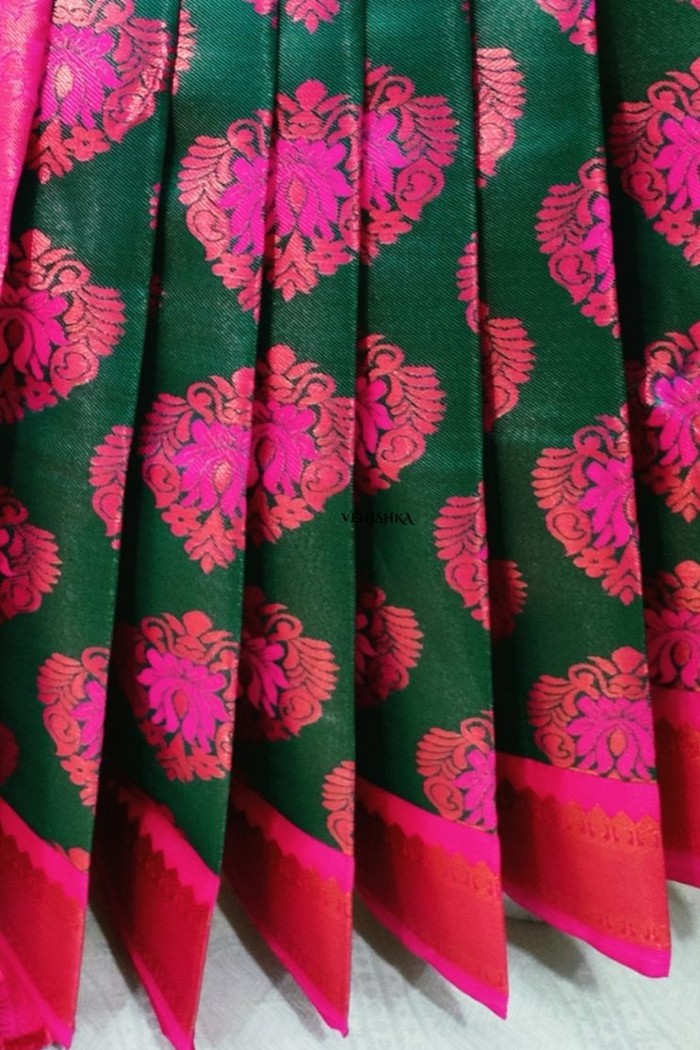 Fancy Silk-Green With Pink Buttas