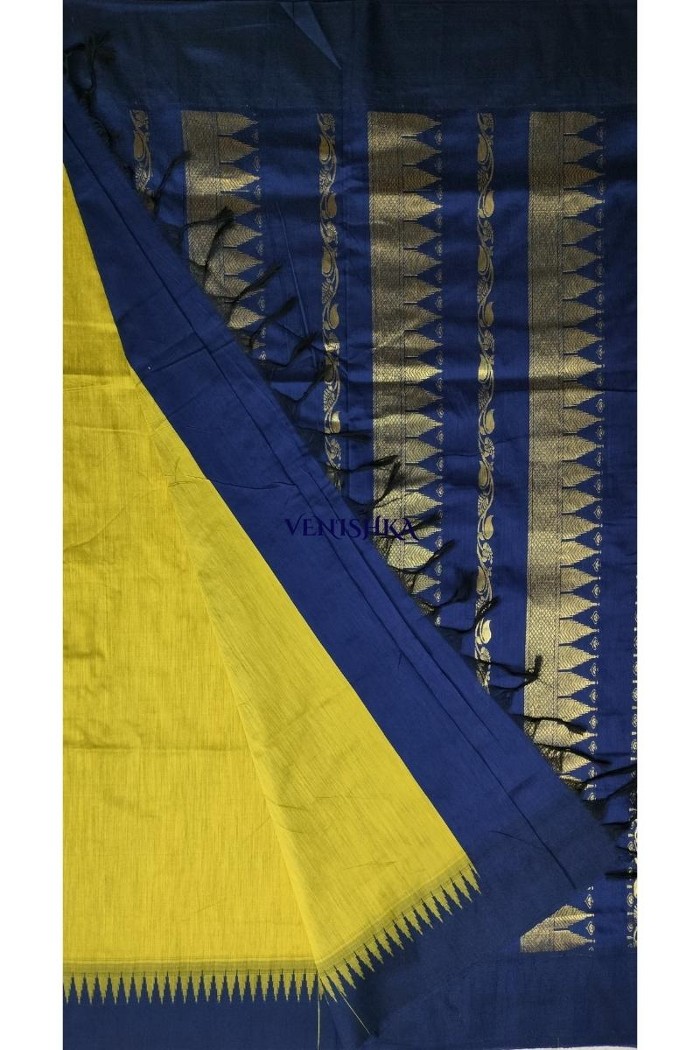 Kalyani Cotton Saree -Olive Green And Dark Blue (Cool Black)