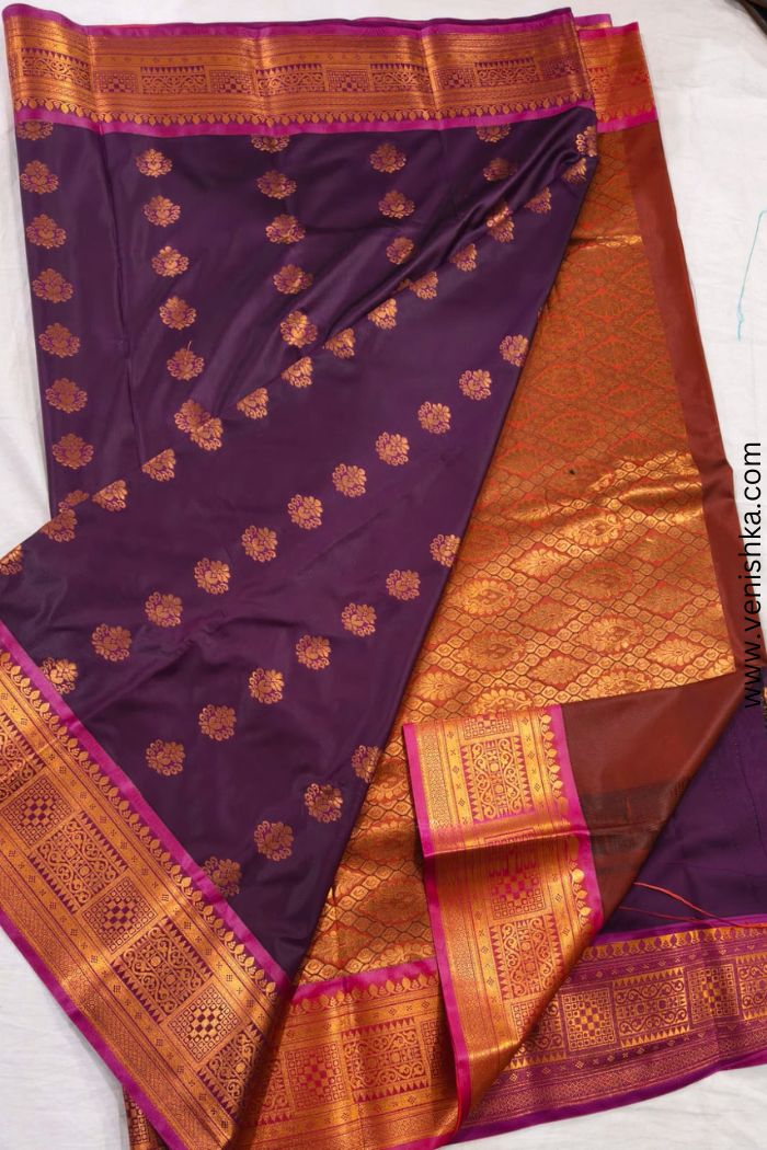 Kanchipuram Silk Saree_Plum Purple with Magenta Border and Rust iolet-Gold Pallu