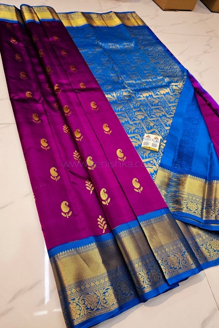 Purple Kanjivaram Silk Saree with Blue Pallu and Korvai Border