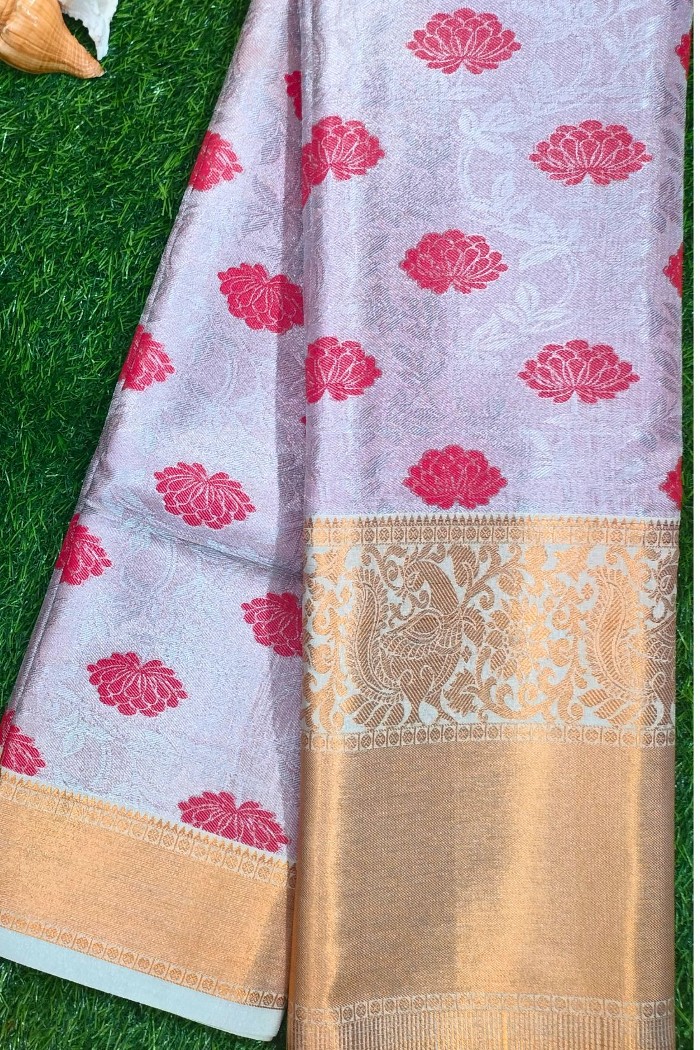 Kanjivaram Bridal Semi Silk Saree-Silver With Copper