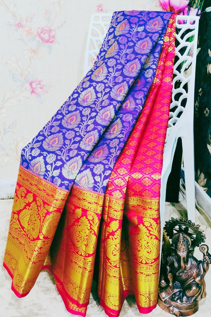 Kanjivaram Bridal Semi Silk Saree-Indigo Blue & Dark Pink - 3