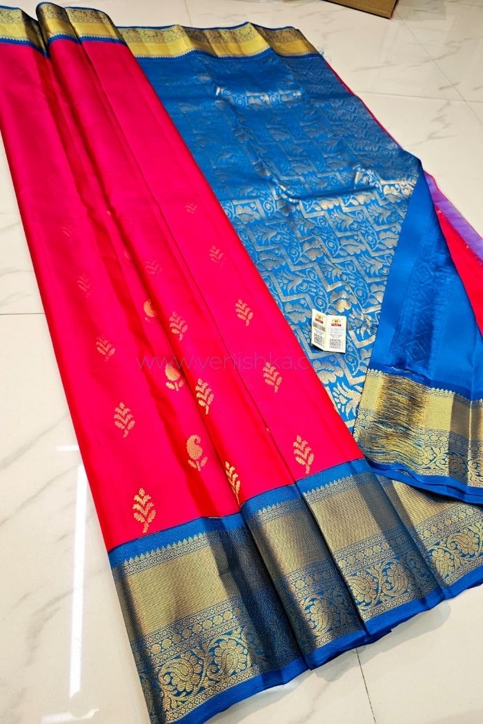 Striking Red & Blue Kanjivaram Silk Saree with Golden Zari