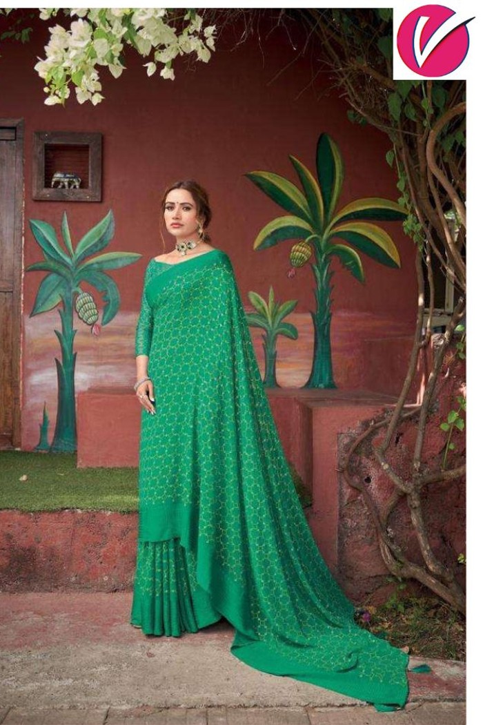 Pure Georgette with Jacquard Border Green