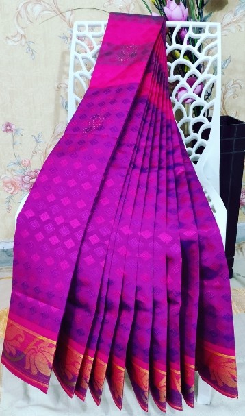 Silk Cotton Self Embossed With 1000 Stones Pink With Maroon