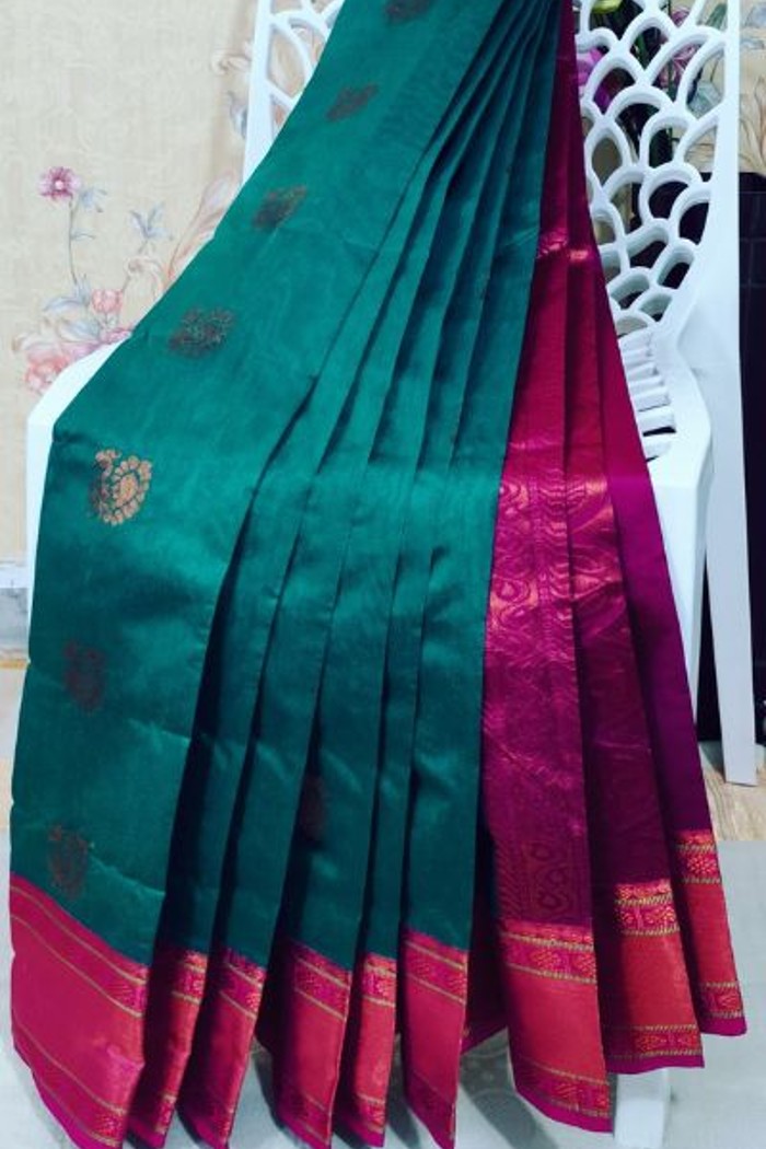 Silk Cotton Tiffany Blue With Pink Pallu