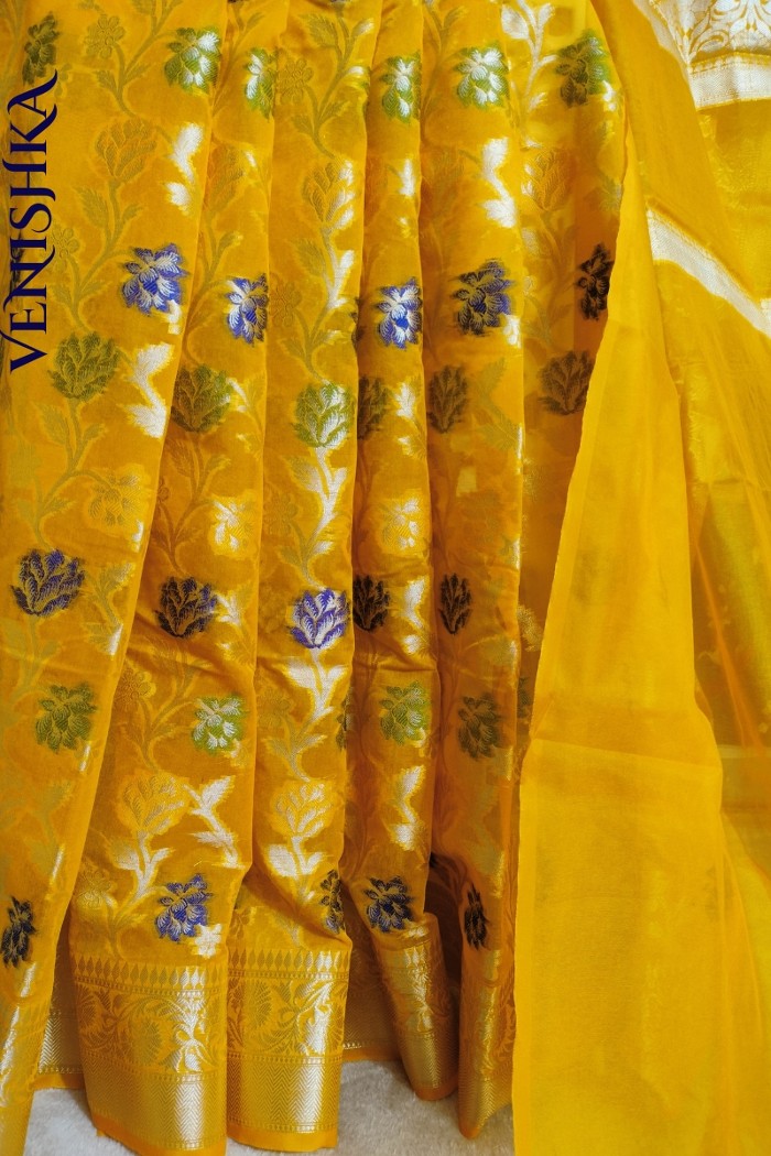 Handloom Semi Georgette Fancy Saree Yellow