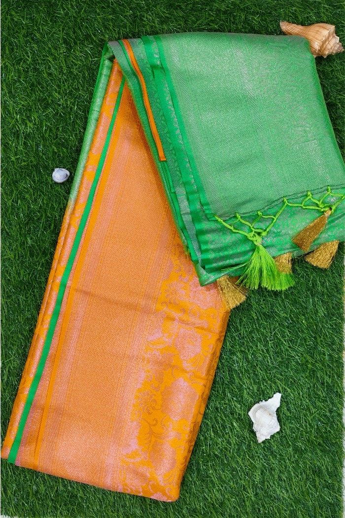 Mysore Silk Saree Orange With Green Shades