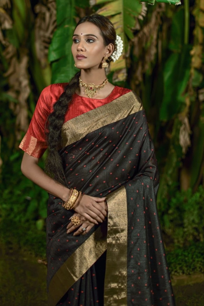 Bhagalpuri Silk Saree-Black And Red