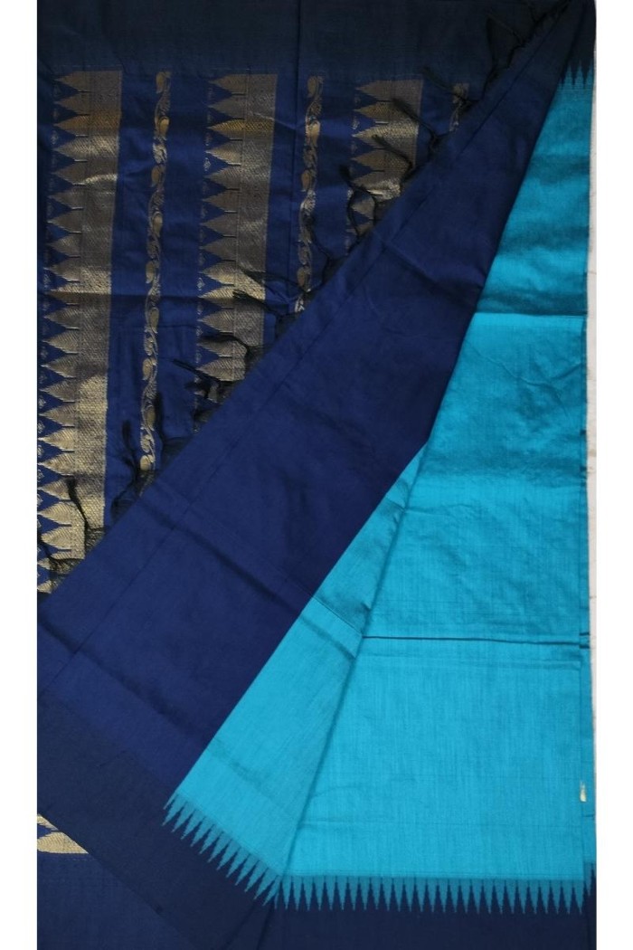 Kalyani Cotton Saree - Light Blue With Cool Black