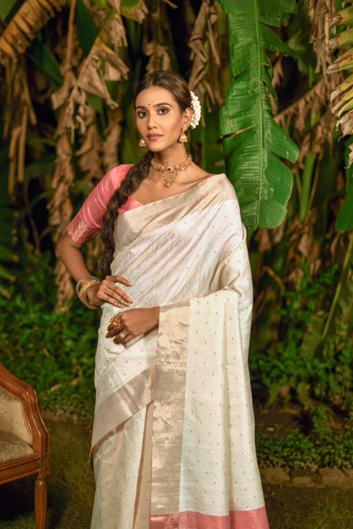 Bhagalpuri Silk Saree White And Peach
