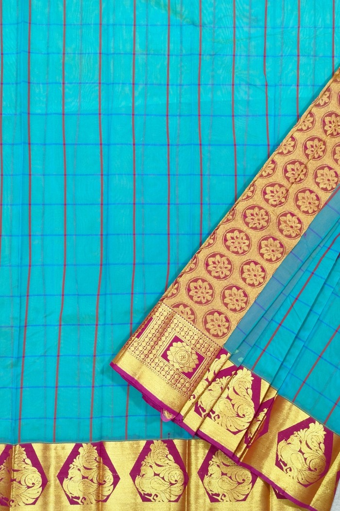 Silk Cotton Self Line Checked Sky Blue
