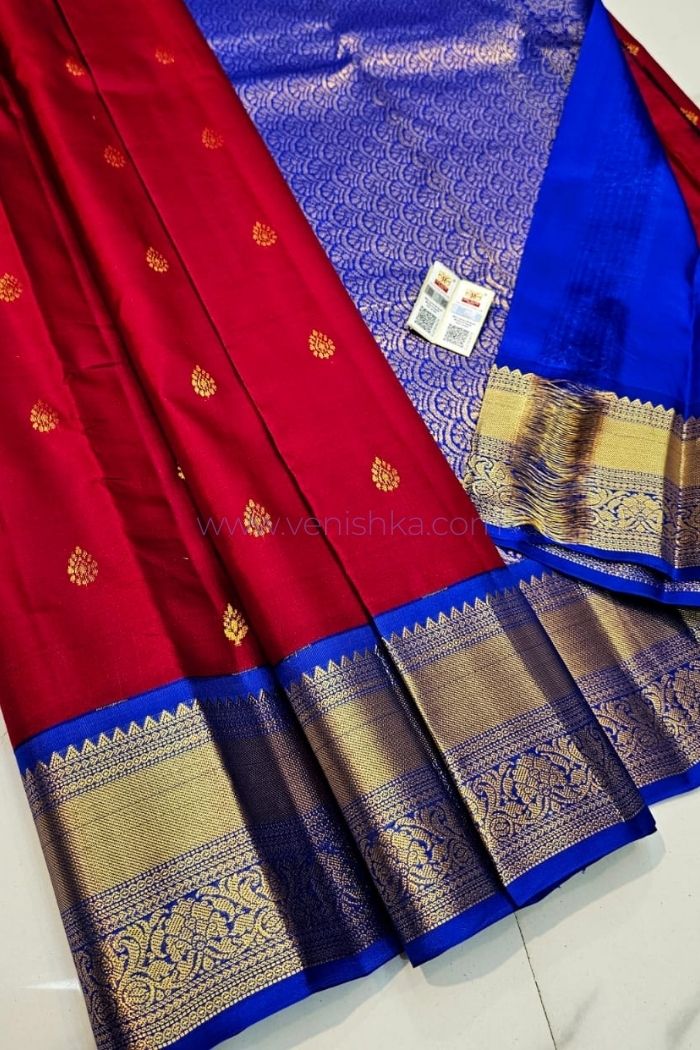 Rich Red Kanjivaram Silk Saree with Royal Blue Pallu Korvai Border