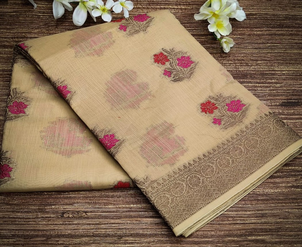 Linen Cotton Saree Cream Brown