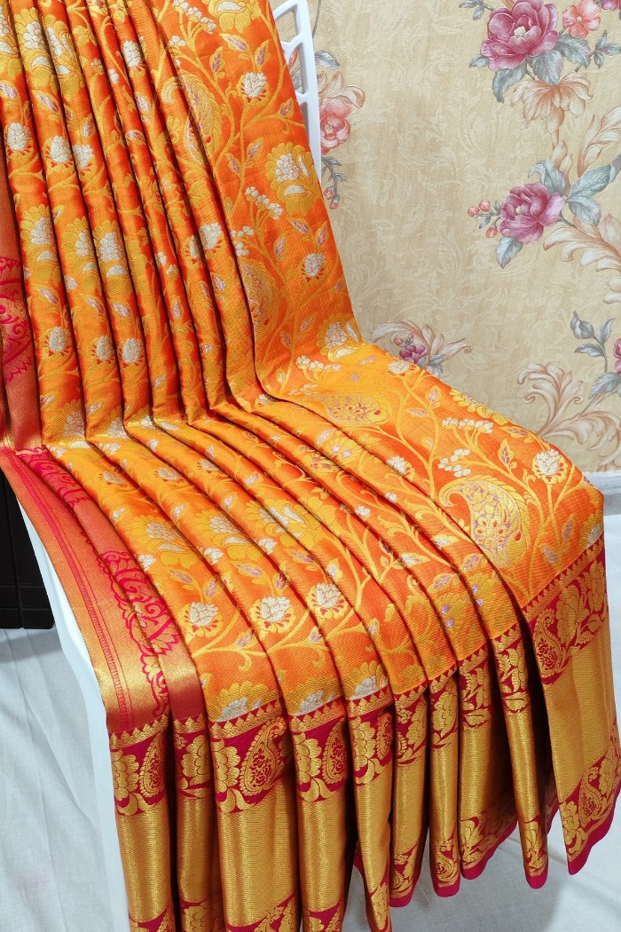 Kanjivaram Bridal Semi Silk Saree-Orange & Pink
