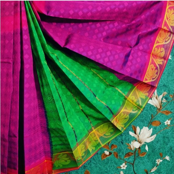 Silk Cotton Self Embossed With 1000 Stones Pink With Maroon - 3
