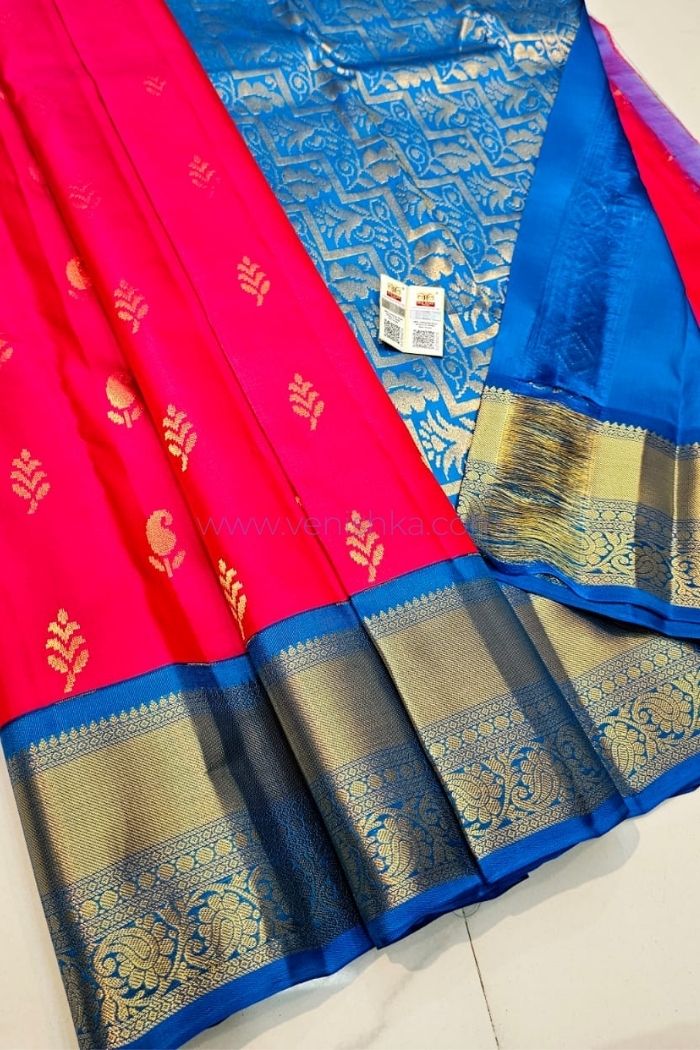 Striking Red & Blue Kanjivaram Silk Saree with Golden Zari