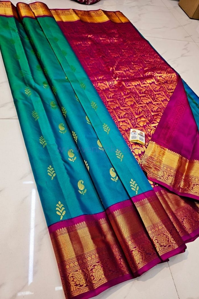 Teal Blue Kanjivaram Silk Saree with Magenta Pallu and Korvai Border