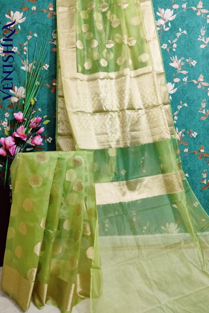 Handloom Kora Organza Fancy Saree Light Green