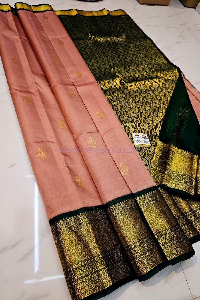 Peach Kanjivaram Silk Saree with Green Pallu and Korvai Border