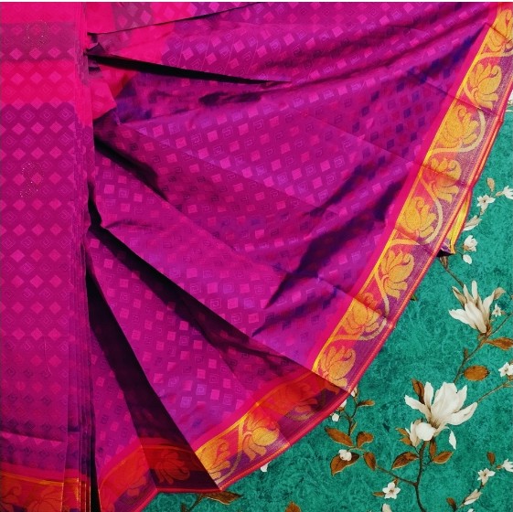 Silk Cotton Self Embossed With 1000 Stones Pink With Maroon
