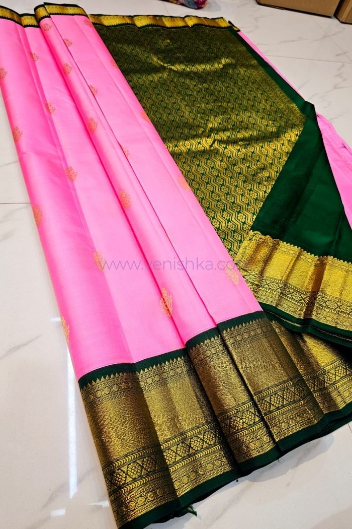 Soft Pink Kanjivaram Silk Saree with Green Pallu Korvai Border