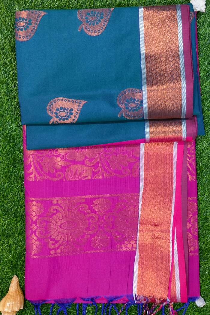 Fancy Soft Silk Light Weight Tale Blue With Pink