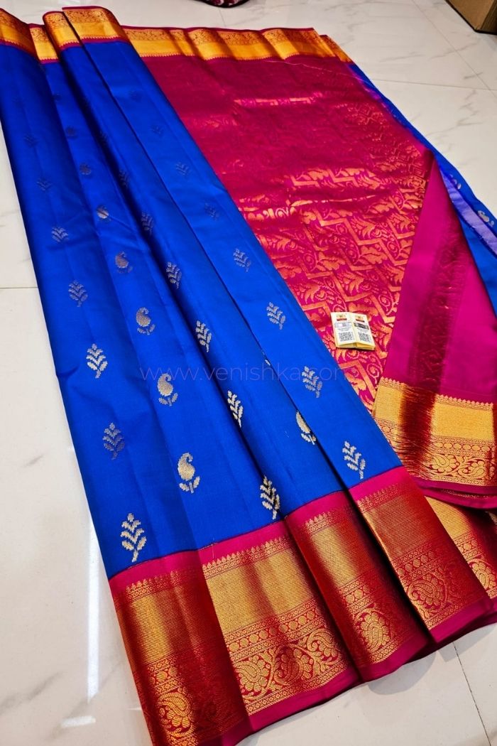 Royal Blue Kanjivaram Silk Saree with Magenta Pallu Korvai Border