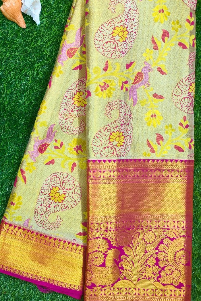 Kanjivaram Bridal Semi Silk Saree-Yellow & Pink