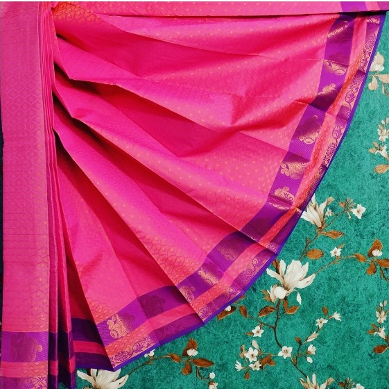Silk Cotton Self Embossed With 1000 Stones Pink With Blue