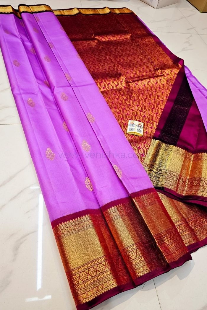 Graceful Lavender Kanjivaram Silk Saree with Maroon Pallu and Korvai Border
