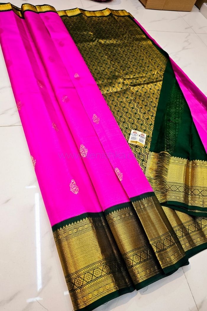 Vivid Pink Kanjivaram Silk Saree with Green Pallu and Korvai Border