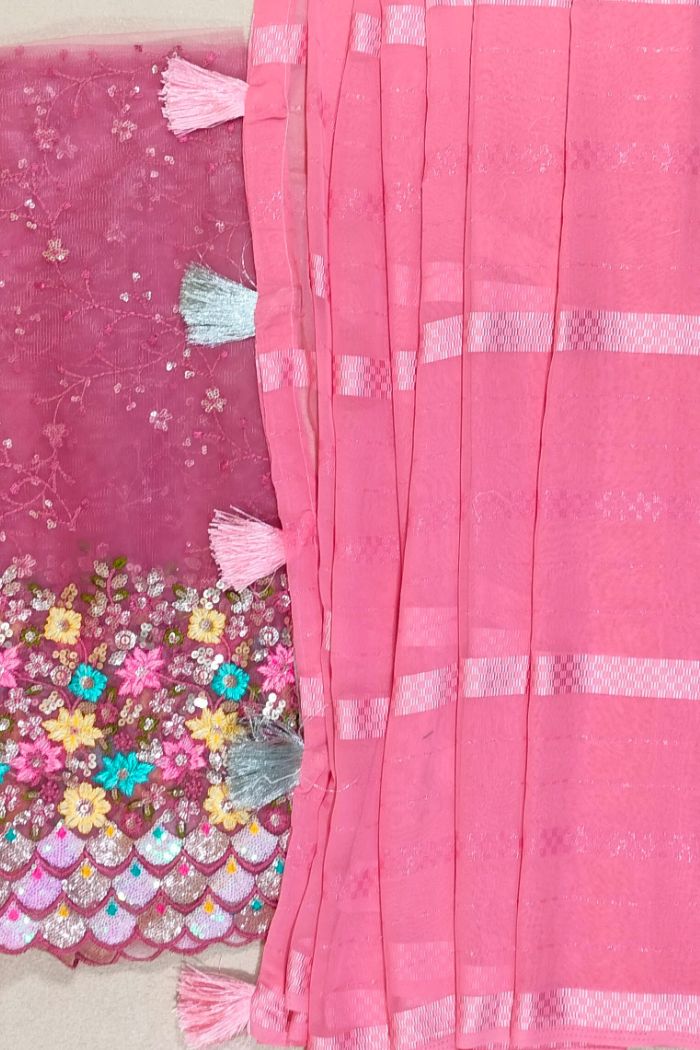 Dola Semi Silk Baby Pink Saree Embroidered Border