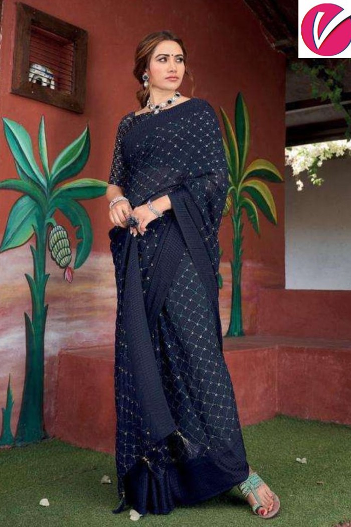 Pure Georgette With Jacquard Border Navy Blue