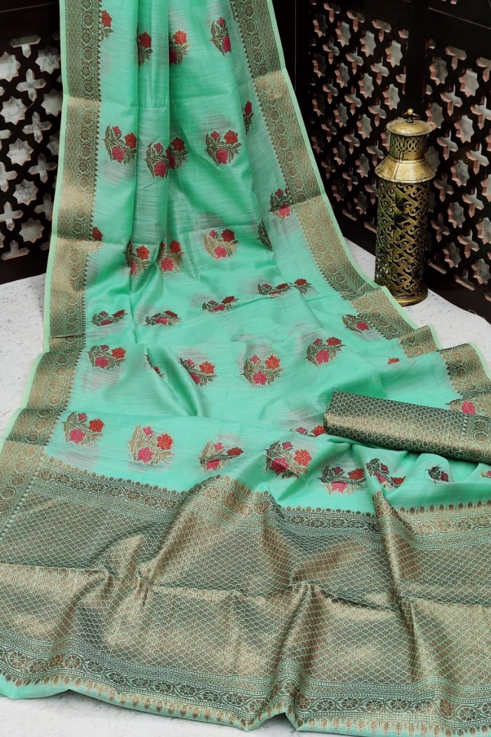 Linen Cotton Saree Sea Green