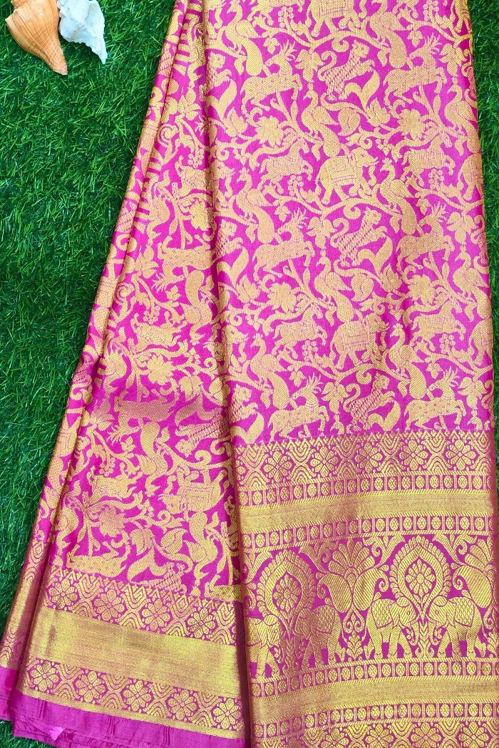 Kanjivaram Semi Tissue Silk Saree Pink with Elephant Border