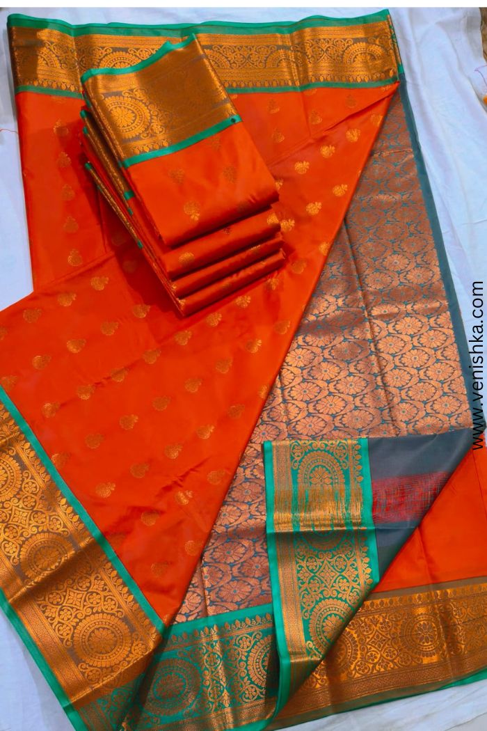 Kanchipuram Silk Saree_Orange with Teal Green Border and Navy Bliolet-Gold Pallu