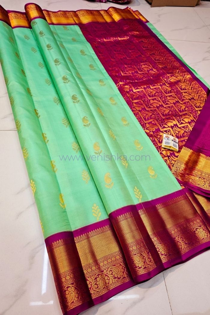 Graceful Mint Green & Maroon Kanjivaram Silk Saree with Golden Zari