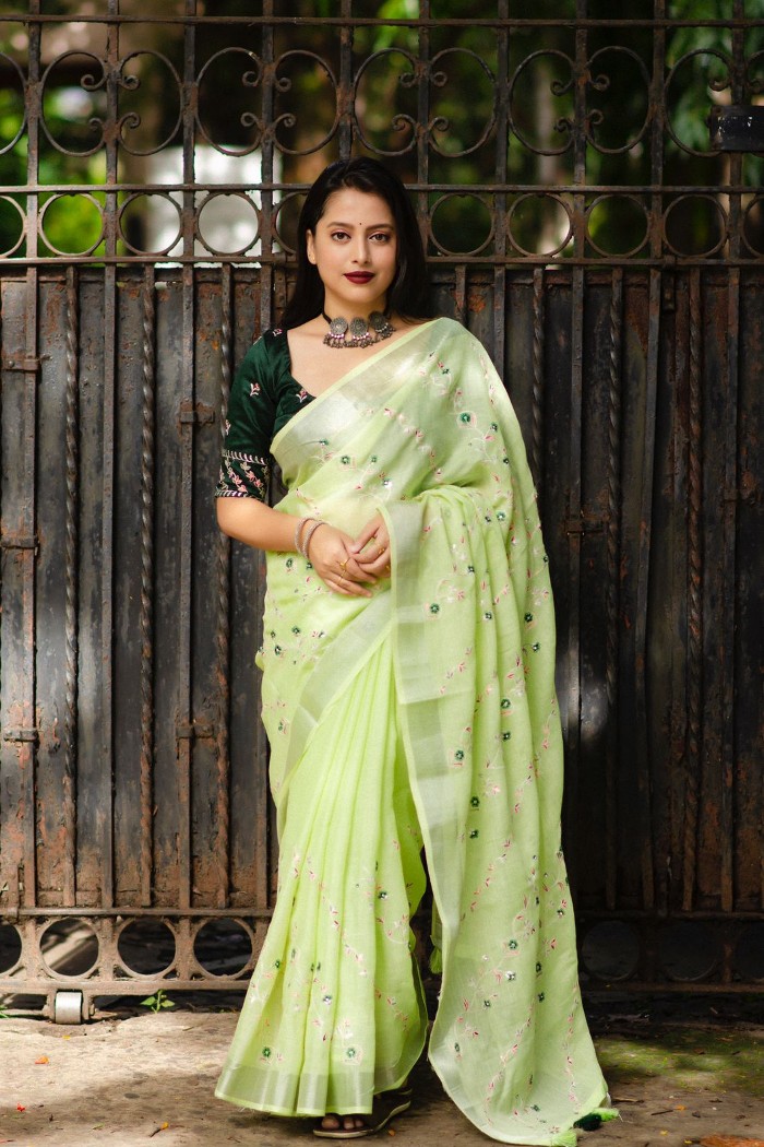 Linen Saree with All Over Embroidery Lily Green