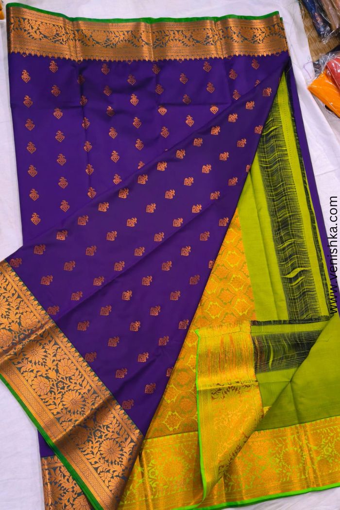 Kanchipuram Silk Saree_Royal Purple with Parrot Green Border andiolet-Gold Pallu