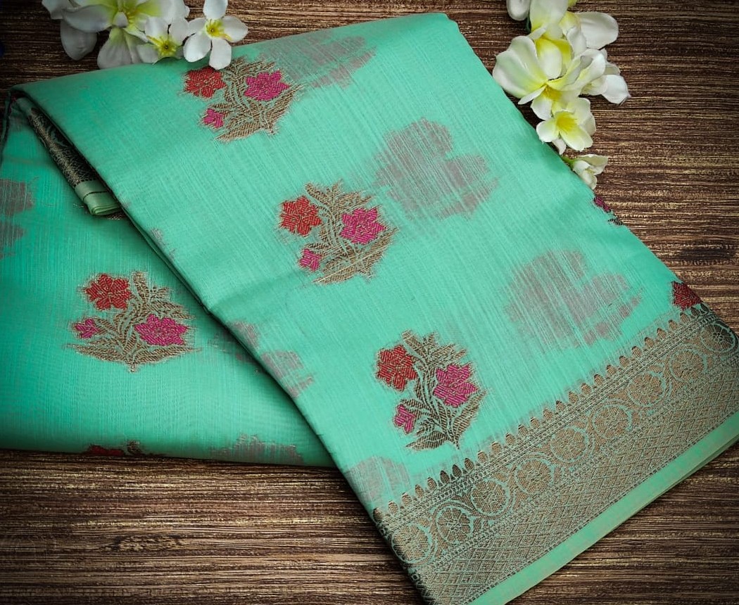 Linen Cotton Saree Sea Green