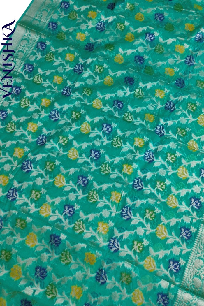 Handloom Semi Georgette Fancy Saree Green - 4
